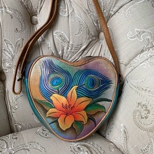 Anuschka Leather Heart Shaped Bag Peacock Lily